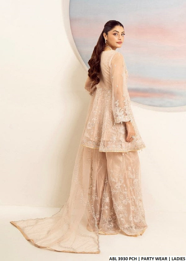 ABL 3930 soft net Pakistani women's frock with gharara back view