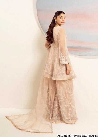 ABL 3930 soft net Pakistani women's frock with gharara back view