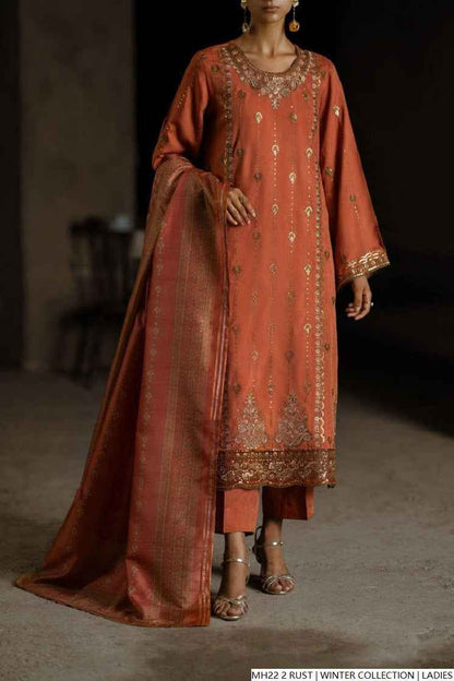 Pakistani women's rust khaddar straight winter shirt back view