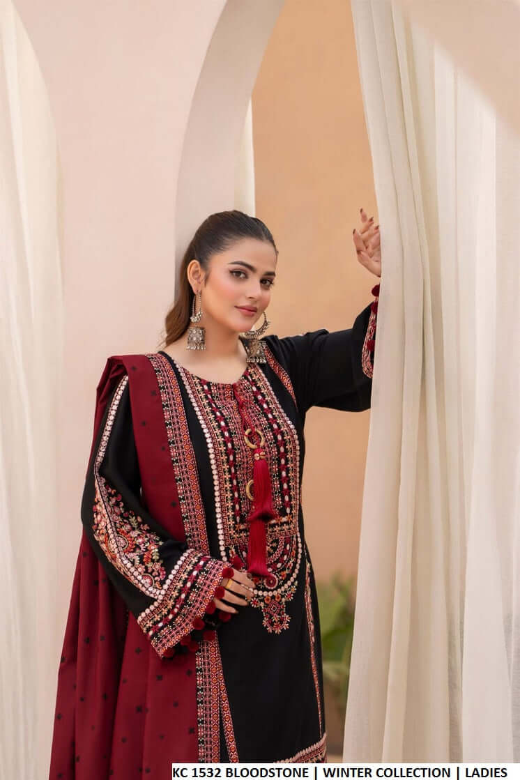 Pakistani women's blood stone red silk short shirt farshi shalwar detail view
