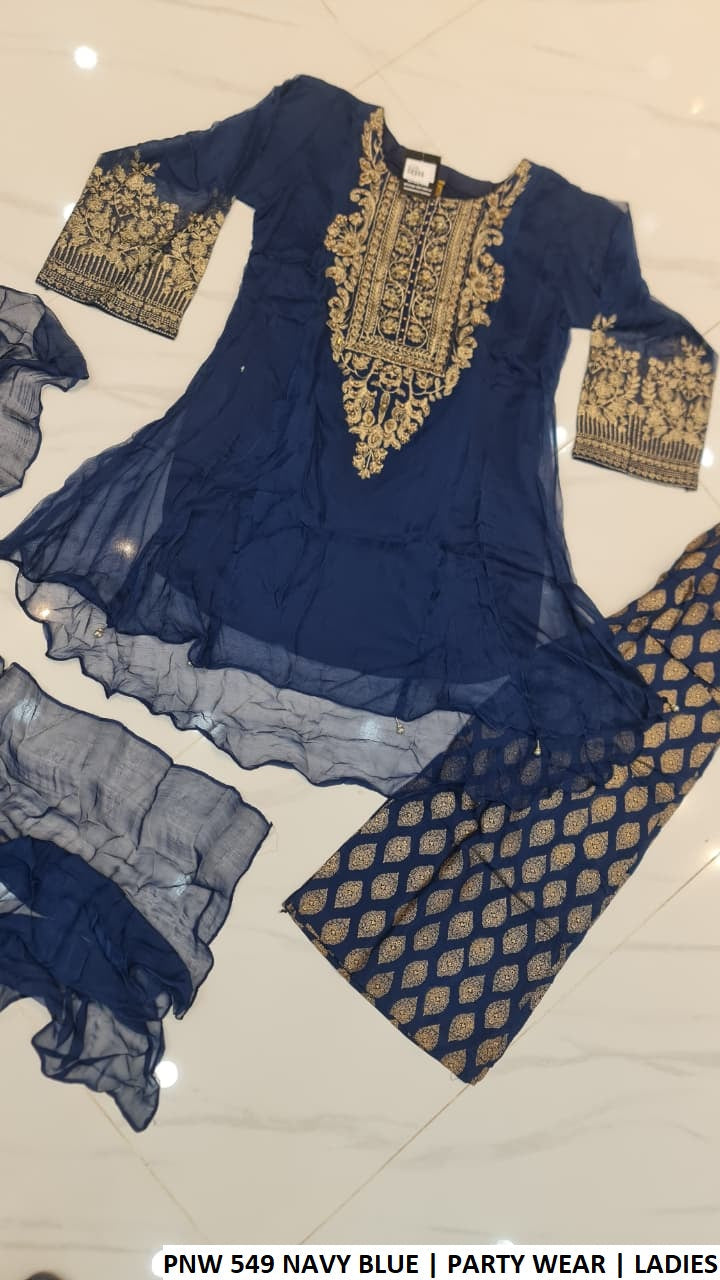 Pakistani women's navy blue chiffon short frock back view