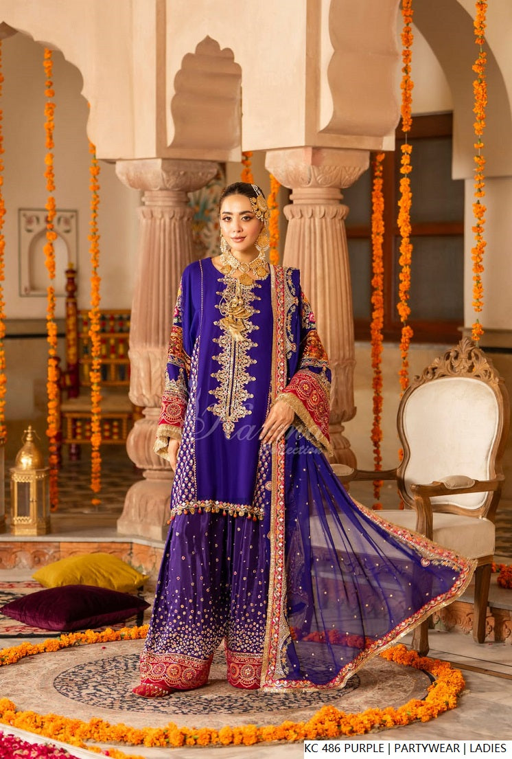 Silk long kaftan plazo purple - Pakistani women's luxury formal wear with silk dupatta front view