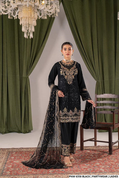 Chiffon short shirt farshi shalwar black - Pakistani women's traditional formal outfit with chiffon dupatta front view