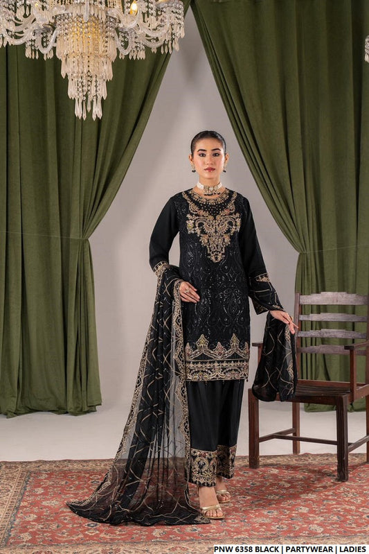 Chiffon short shirt farshi shalwar black - Pakistani women's traditional formal outfit with chiffon dupatta front view