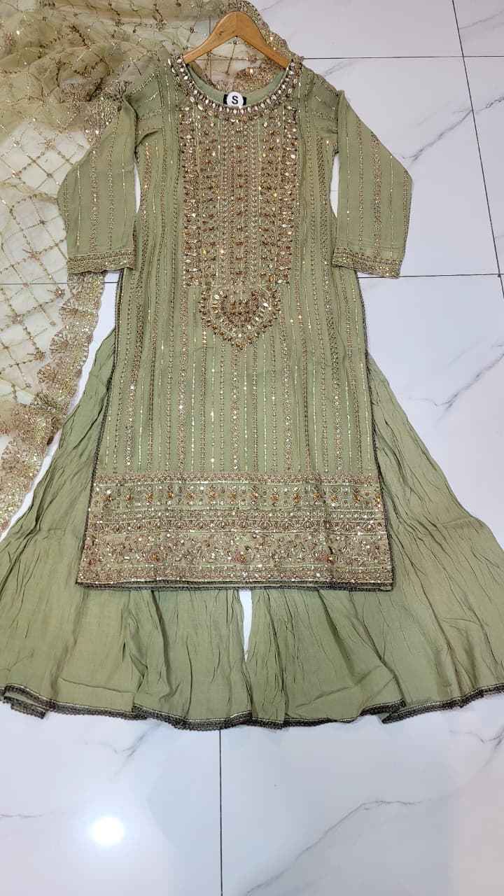 Pakistani women's pista green chiffon straight shirt back view
