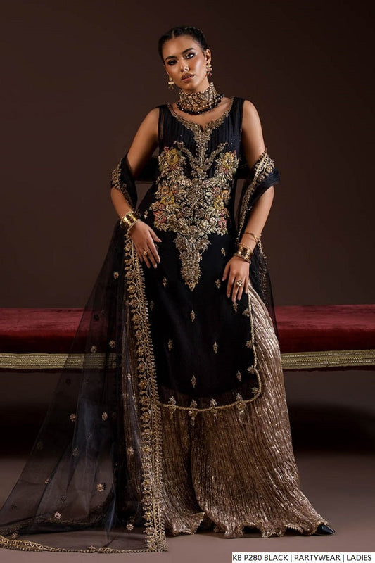 Hand embroidered luxury suit black - Pakistani women's bridal formal wear with velvet fabric and embroidered dupatta front view