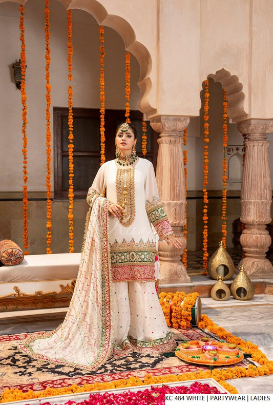 Silk long kaftan plazo white - Pakistani women's luxury formal wear with silk dupatta front view