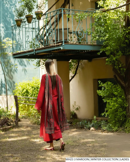 Pakistani women's maroon khaddar straight winter shirt back view