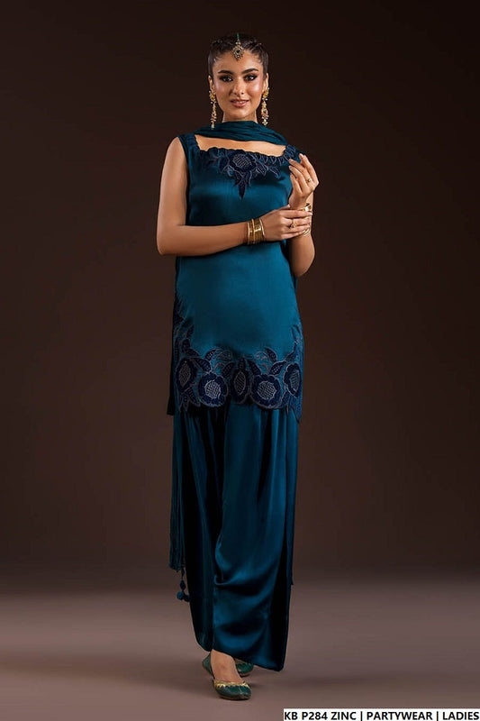 Hand embroidered luxury suit zinc grey - Pakistani women's bridal formal wear with embroidered dupatta front view
