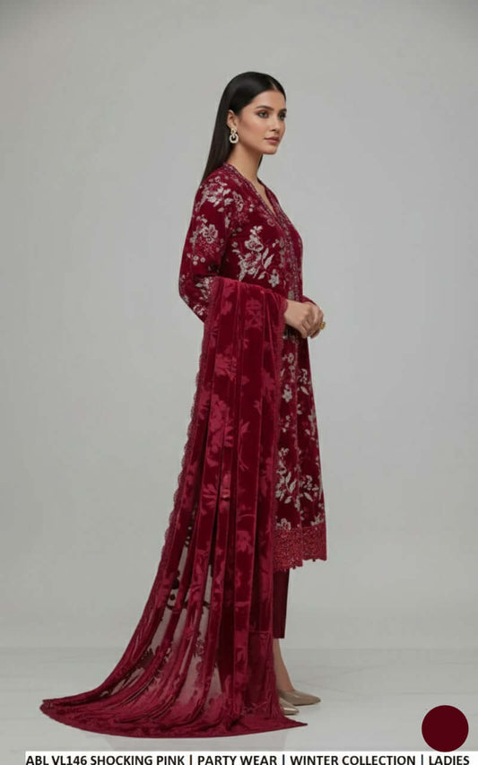 Shocking pink velvet Pakistani women's A-Line shirt side view