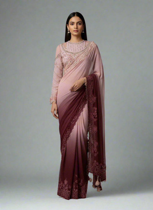 Maria B printed saree pink - Pakistani women's luxury festive wear with embroidered blouse front view