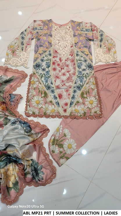 Pakistani women's poly lawn short printed casual outfit back view