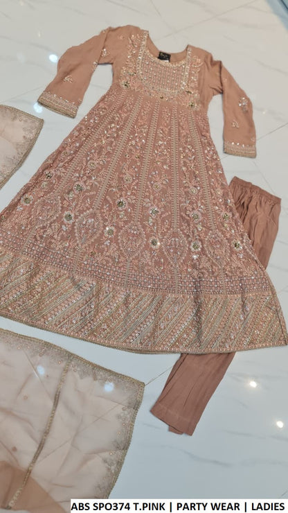 Tea pink chiffon Pakistani women's long frock back view