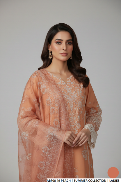 Peach cotton Pakistani women's straight shirt with bell bottom trouser side view