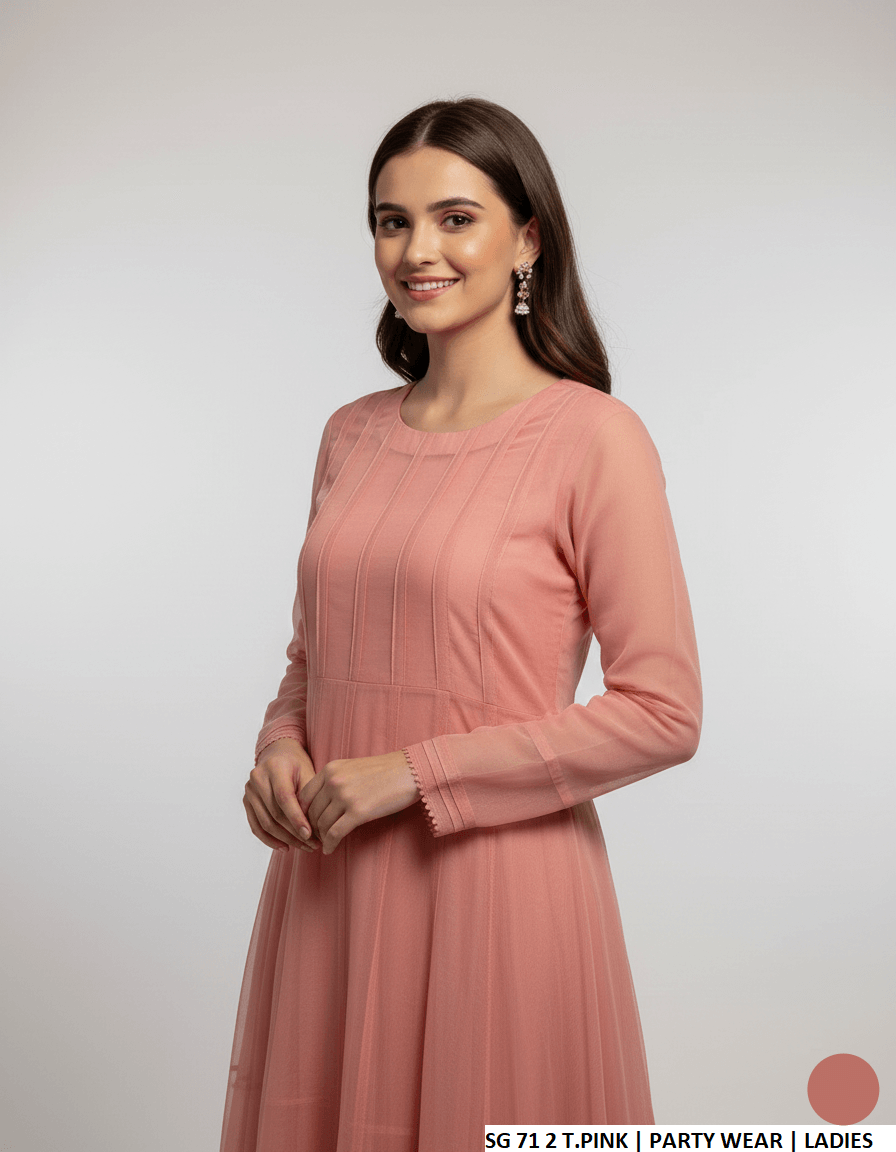 Tea pink chiffon Pakistani women's long frock side view
