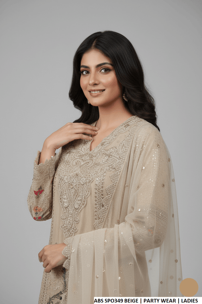 Beige chiffon Pakistani women's straight shirt side view