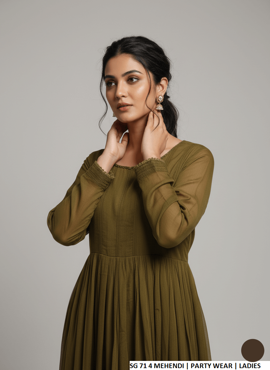 Mehendi green chiffon Pakistani women's long frock side view