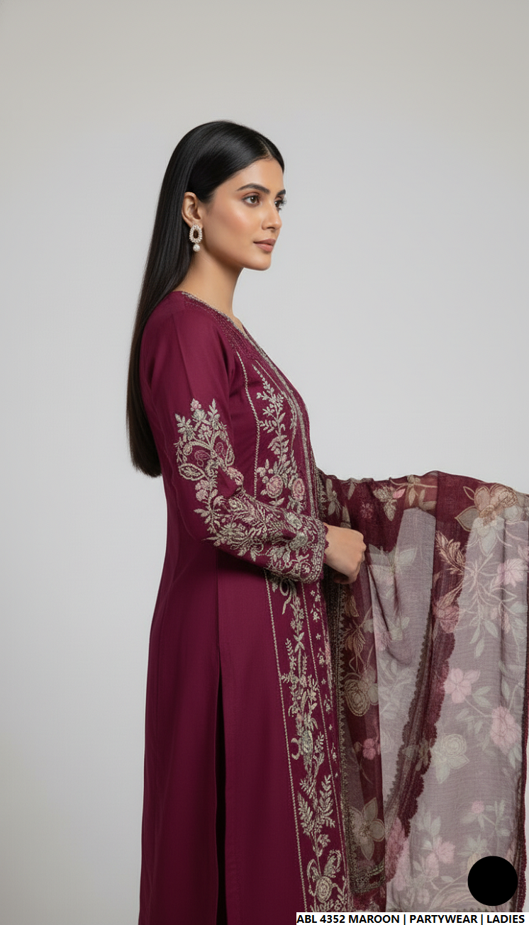 Pakistani women's maroon chiffon straight shirt back view