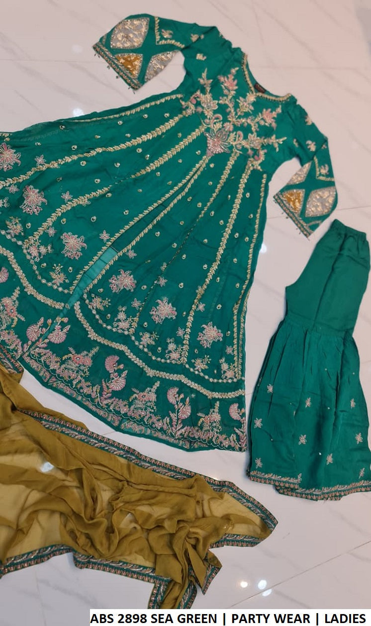 Pakistani women's sea green chiffon open frock back view