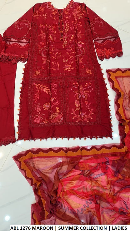 ABL 1276 MAROON - Maroon Cotton A-Line 3-Piece Women's Pakistani Suit