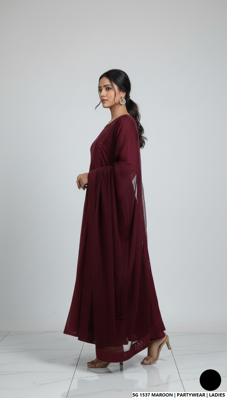 Pakistani women's maroon lawn A-Line casual outfit back view