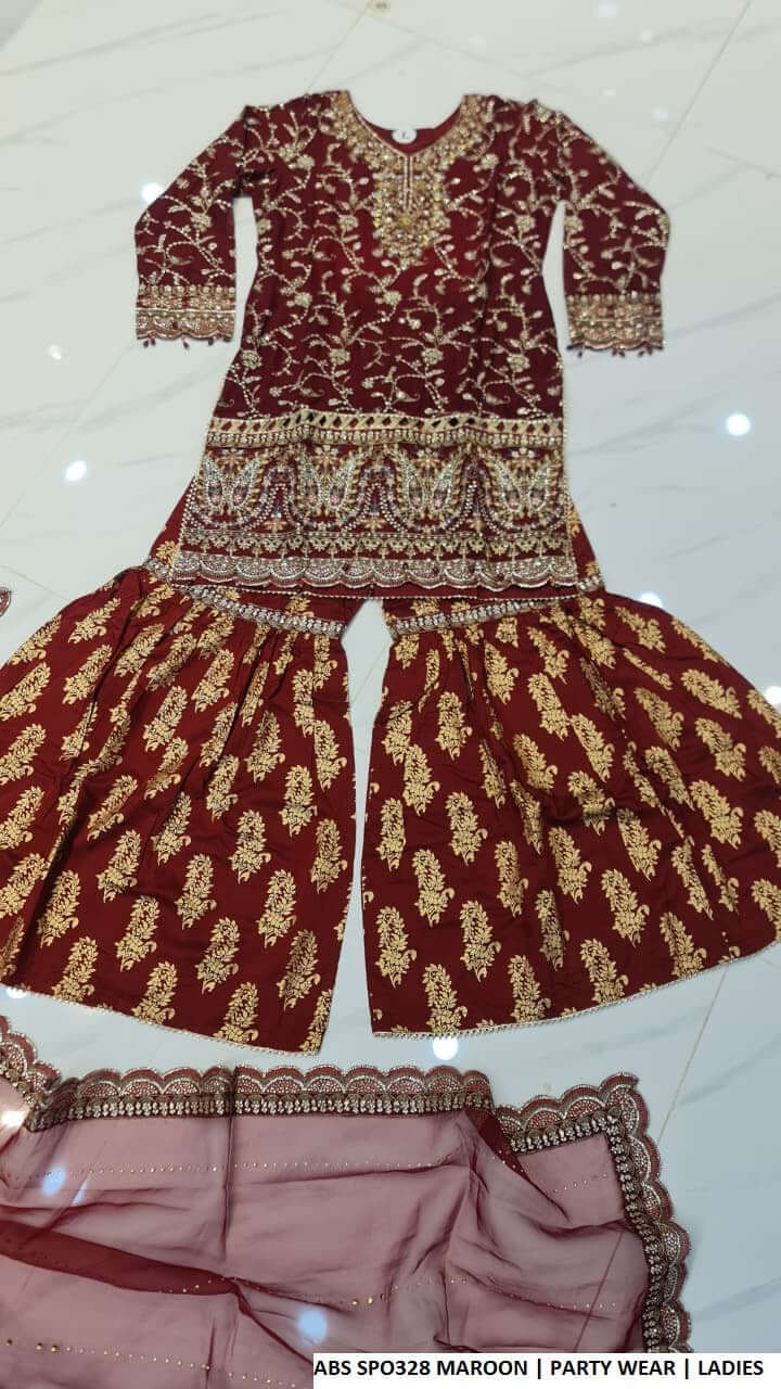 Pakistani women's maroon chiffon straight shirt plazo back view