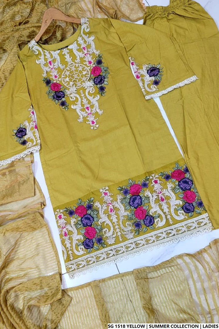 Pakistani women's yellow lawn A-Line casual outfit back view
