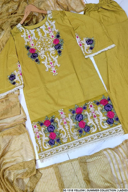 Pakistani women's yellow lawn A-Line casual outfit back view