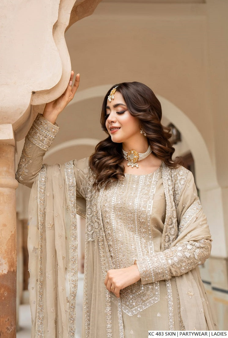 Pakistani women's skin silk long kaftan plazo detail view