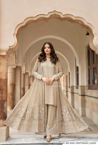 Silk long kaftan plazo skin - Pakistani women's luxury formal wear with silk dupatta front view