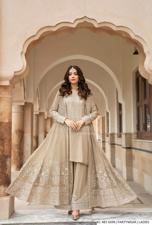 Silk long kaftan plazo skin - Pakistani women's luxury formal wear with silk dupatta front view