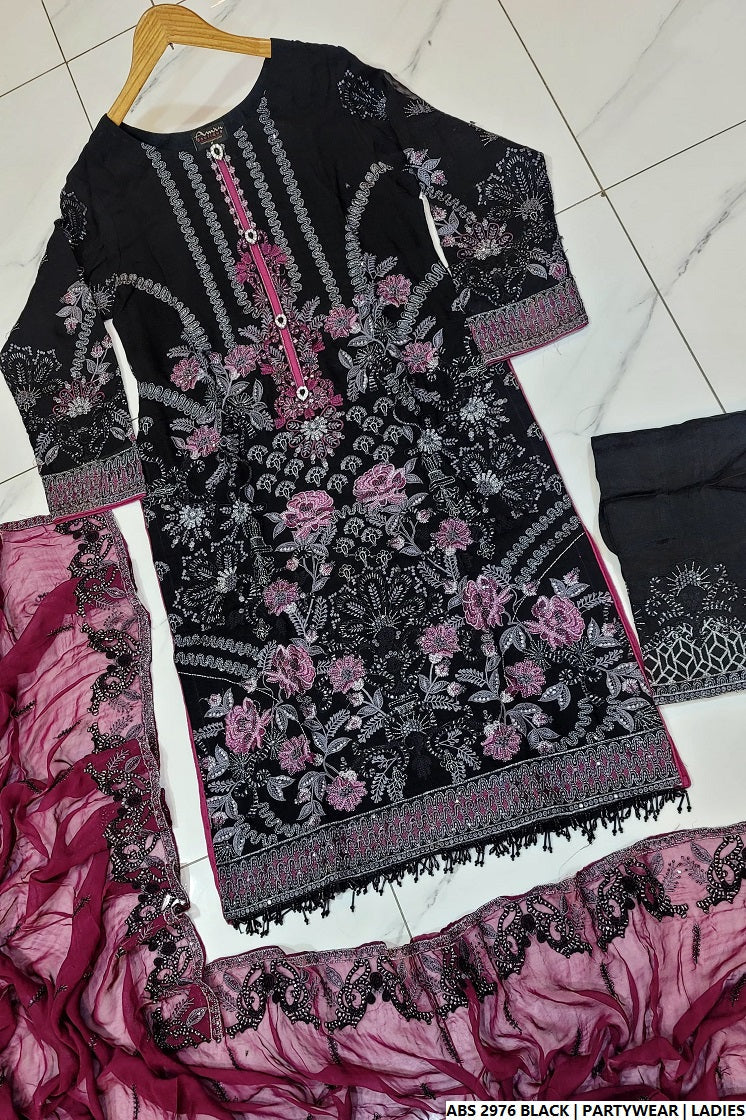 Pakistani women's black organza straight shirt detail view
