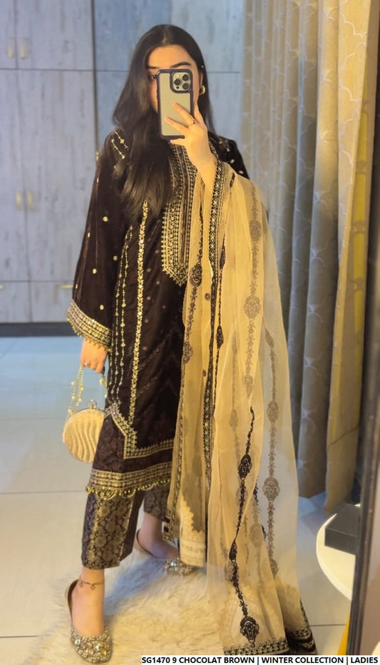 Velvet straight shirt SG1470 9 - Pakistani women's elegant party wear with jamawar trouser front view