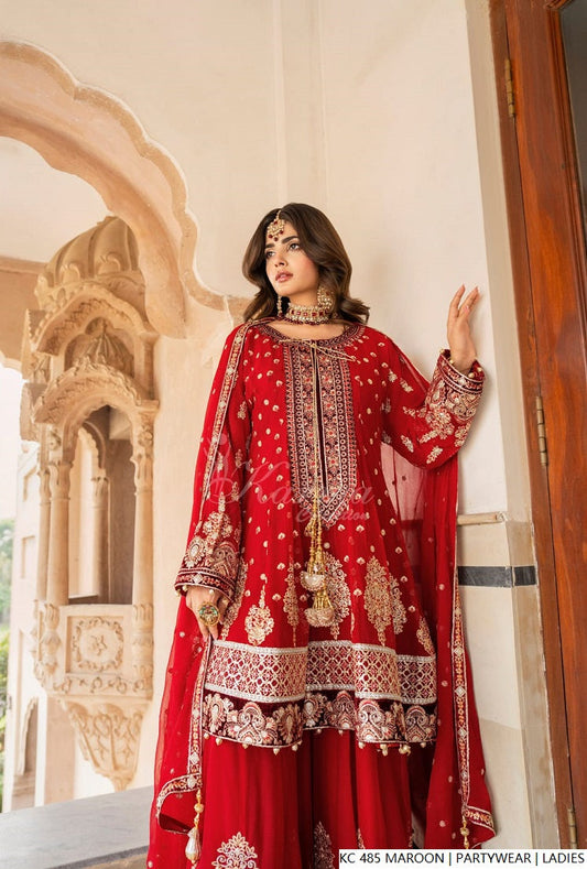 Silk long kaftan plazo maroon - Pakistani women's luxury formal wear with silk dupatta front view