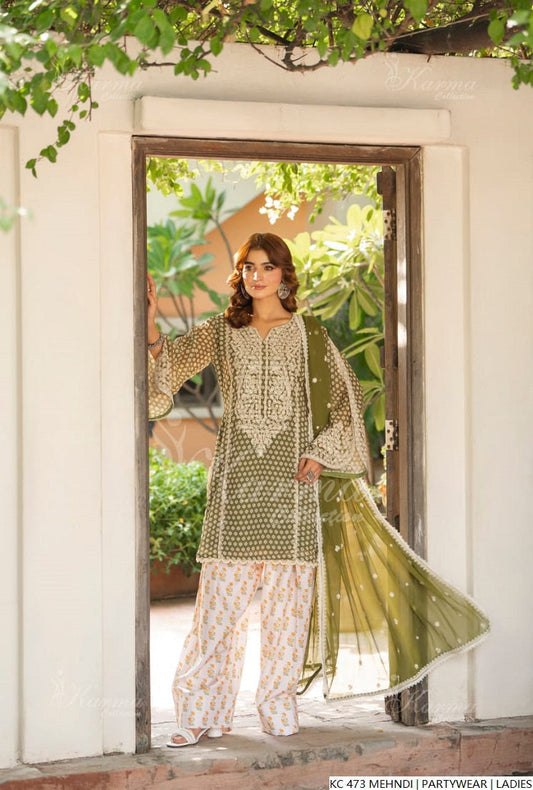 Mehndi green silk Pakistani women's long kaftan side view