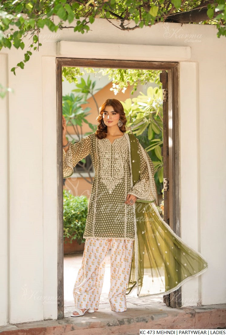 Silk long kaftan mehndi green - Pakistani women's luxury formal wear with silk dupatta front view