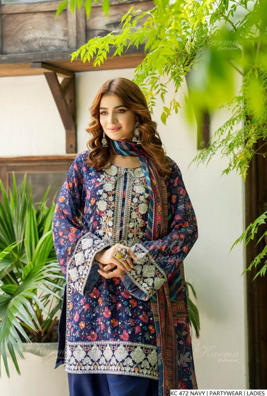 Navy blue silk Pakistani women's long kaftan side view