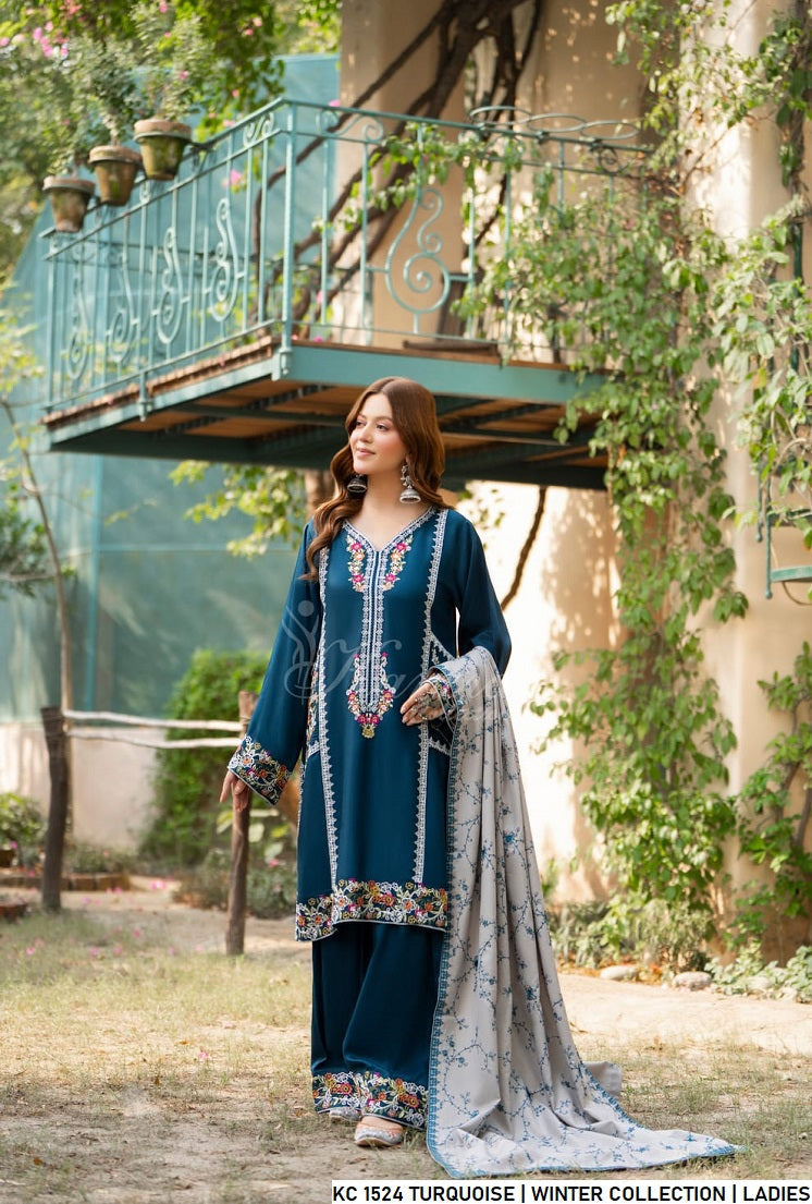 Pakistani women's turquoise silk short shirt back view