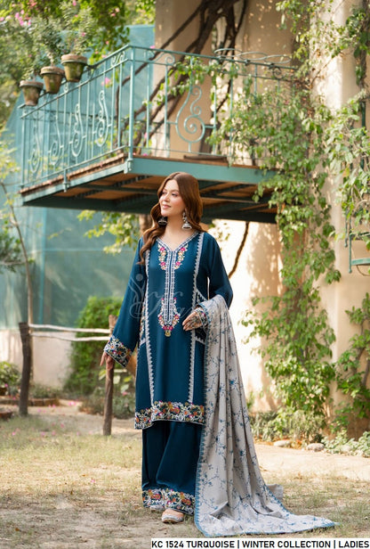 Pakistani women's turquoise silk short shirt back view