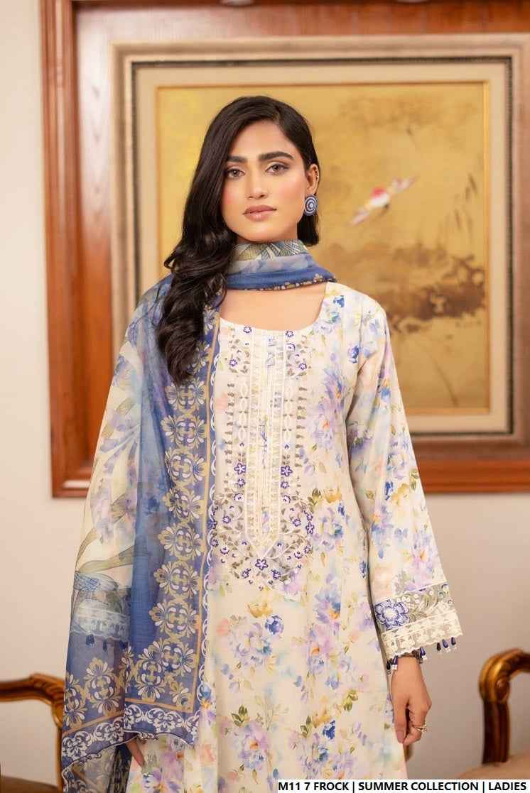 Pakistani women's lawn long frock printed casual outfit side view
