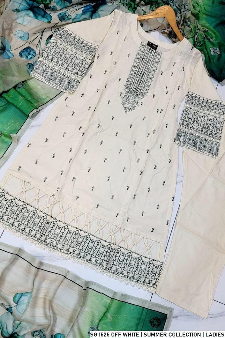Pakistani women's off white lawn A-Line casual shirt detail view
