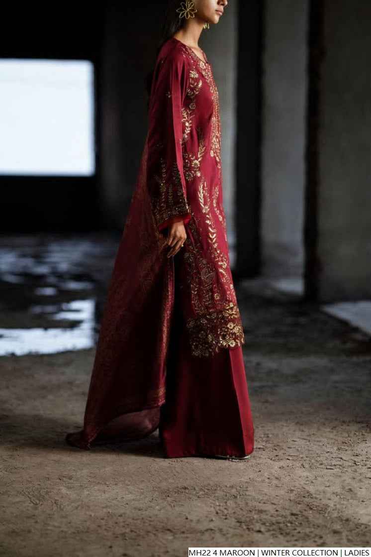 Pakistani women's maroon khaddar straight winter shirt back view