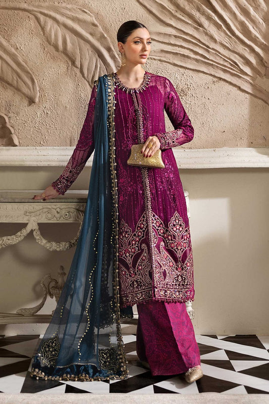Organza A-Line shirt magenta - Pakistani women's elegant formal wear with viscose trouser and organza dupatta front view