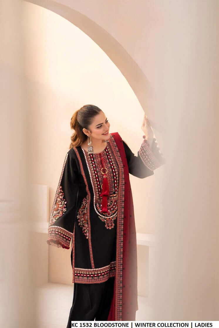 Pakistani women's blood stone red silk short shirt farshi shalwar back view
