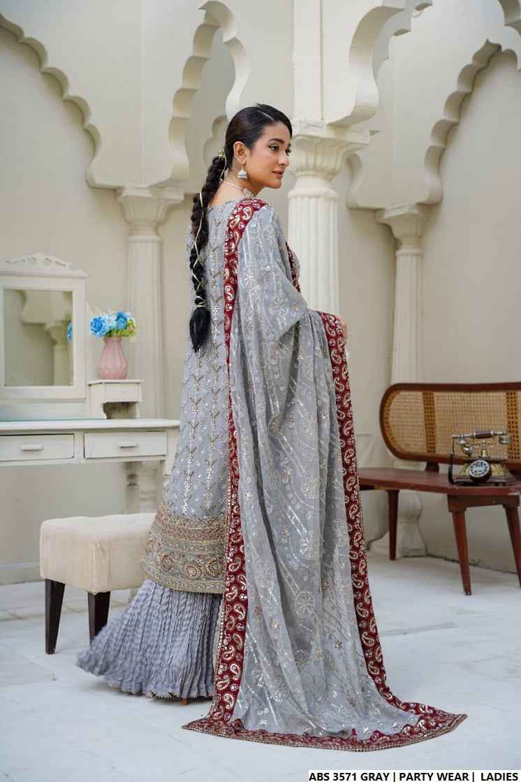 Pakistani women's grey organza straight shirt detail view