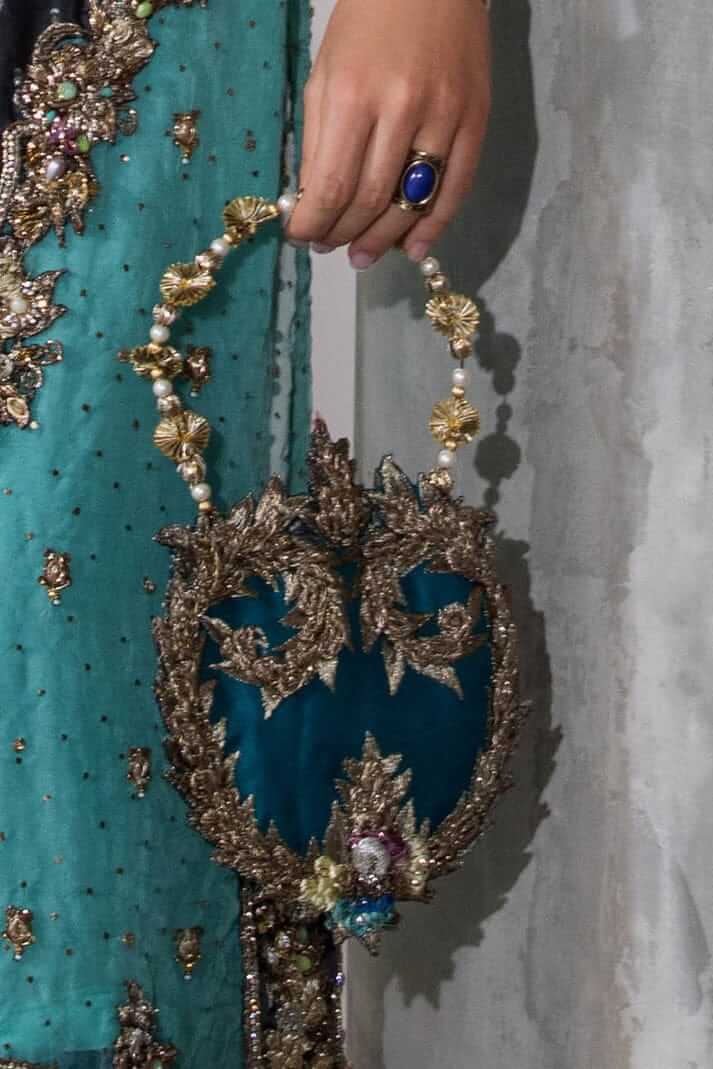 Chiffon embroidered pouch ferozi - Pakistani women's traditional handmade embroidered chiffon pouch front view