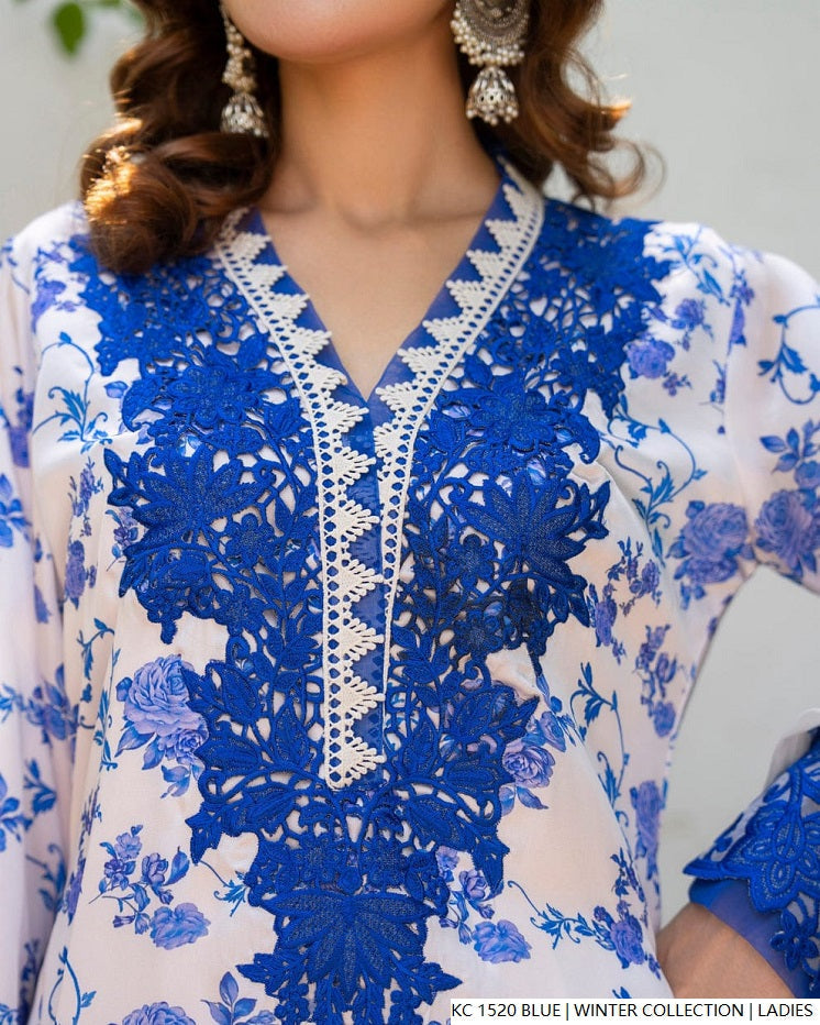 Blue silk Pakistani women's 2-piece formal suit side view