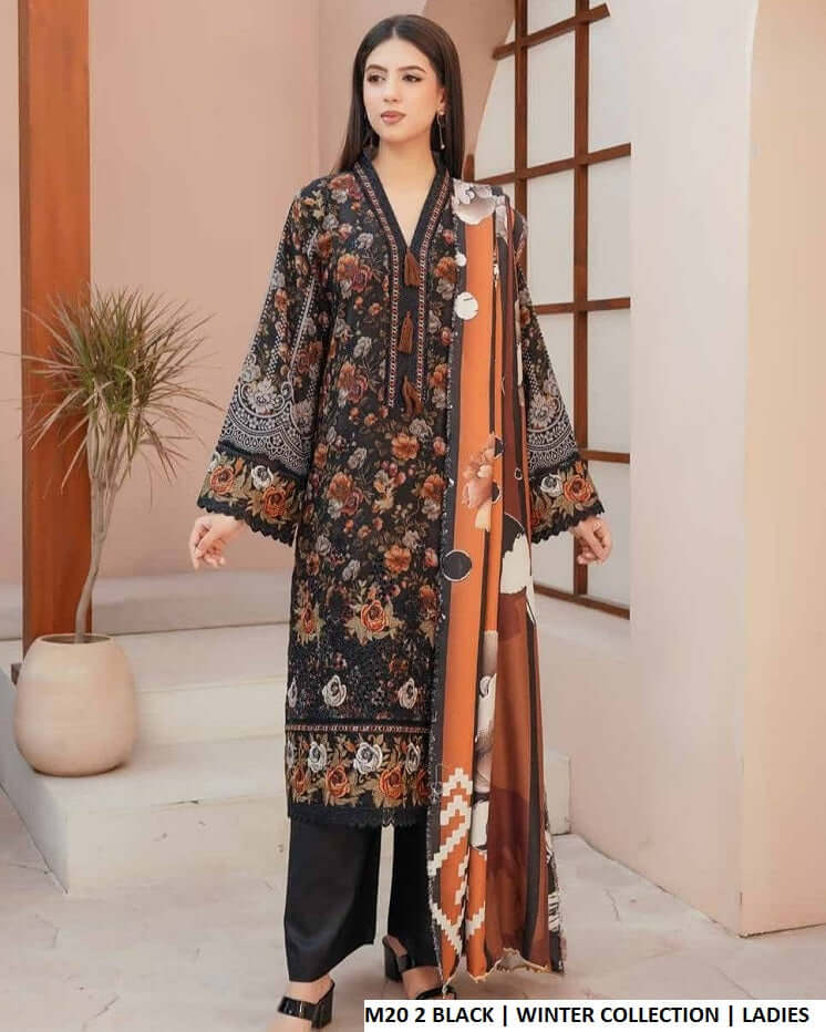 Lawn A-Line shirt black - Pakistani women's casual summer outfit with cotton trouser and lawn dupatta front view