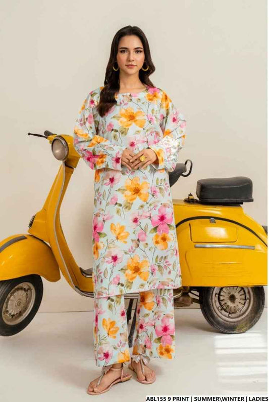 Lawn 2-piece printed - Pakistani women's casual summer outfit with cotton trouser and lawn dupatta front view