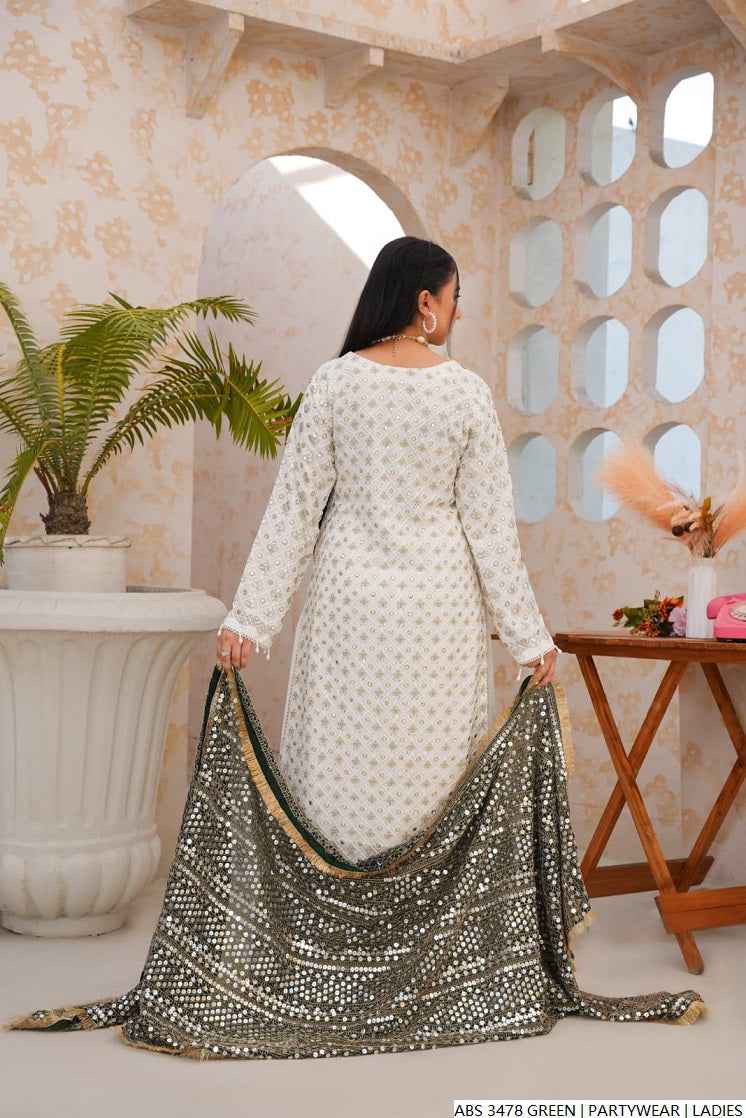 Pakistani women's green organza straight shirt detail view